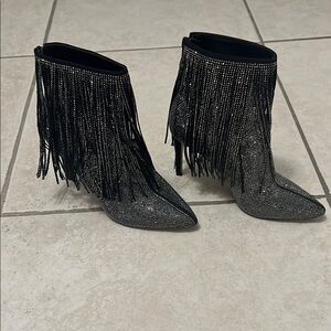 INC International Concepts Black and Silver Fringe Heeled Boots